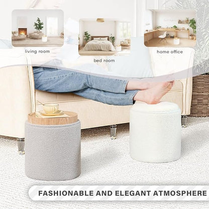 PINPLUS Round Storage Ottoman Boucle Ottoman with Tray, Teddy Velvet Footstool Cube for Living Room, Bedroom, Dorm 13.4"x13.4"x15" (White)