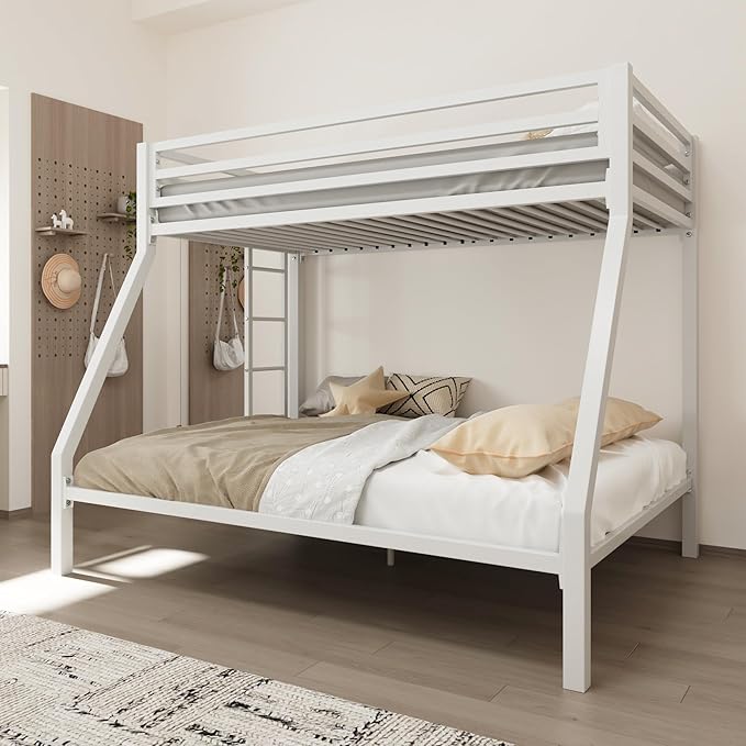 Allewie Metal Bunk Bed Twin Over Full Size for Junior & Adults with Ladder and Heavy Duty Guardrail, Small Space Saving Design for Bedroom Kid Room and Dorm, White