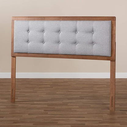 Mid-Century Marvel Fabric Upholstered Walnut Brown Finished Wood Headboard, Wall Mount Headboard Queen/Light Gray