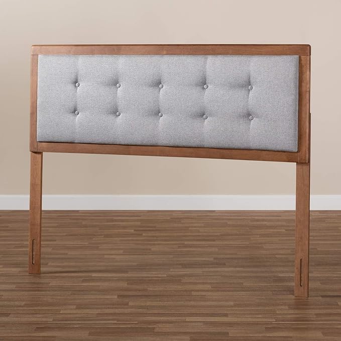 Mid-Century Marvel Fabric Upholstered Walnut Brown Finished Wood Headboard, Wall Mount Headboard Full/Light Gray