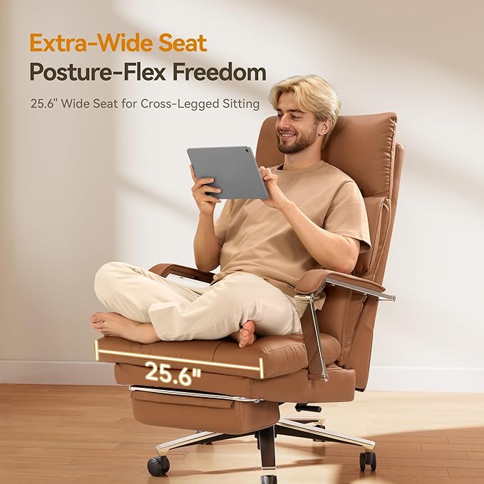 M80A Dual Motor Electric Executive Office Chair with Footrest, Comfortable Reclining Office Chair Wide Seat, Big and Tall Ergonomic Leather Home Office Desk Chair (Brown, Manual)