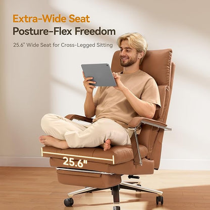 M80A Dual Motor Electric Executive Office Chair with Footrest, Comfortable Reclining Office Chair Wide Seat, Big and Tall Ergonomic Leather Home Office Desk Chair (Brown, Manual)