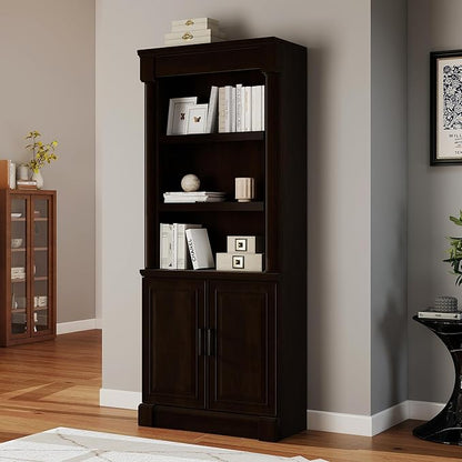 72" Roman Column Bookcase with Double Door Cabinet, 5 Tiers Tall Bookshelf Storage and Anti Tip Kit, Classic American European Modern Multi Style Design for Living Room Study Office, Dark Cherry