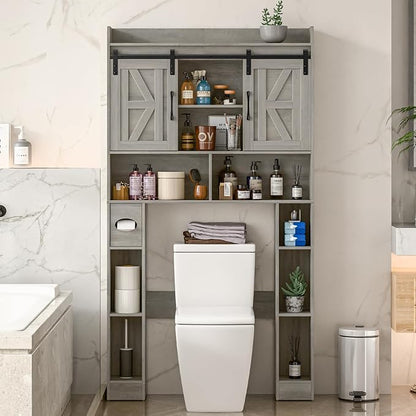 Farmhouse Storage Cabinet Over Toilet with Sliding Doors，Over The Toilet Storage Cabinet, Home Space-Saving Toilet Rack, for Bathroom, Restroom, Laundry
