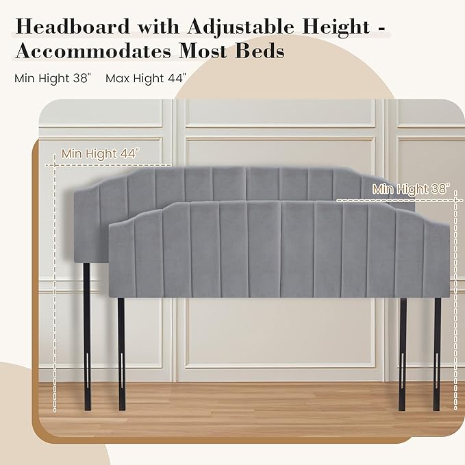 Upholstered Headboard Adjustable Height Queen/King Headboard Cream Velvet Tufted Modern Vertical Channel Design with Stepped Silhouette Top Edge(Grey King)