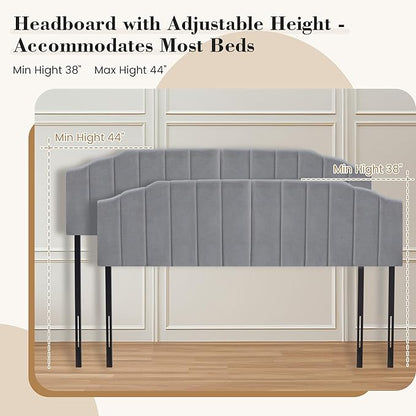 Upholstered Headboard Adjustable Height Queen/King Headboard Cream Velvet Tufted Modern Vertical Channel Design with Stepped Silhouette Top Edge(Grey King)