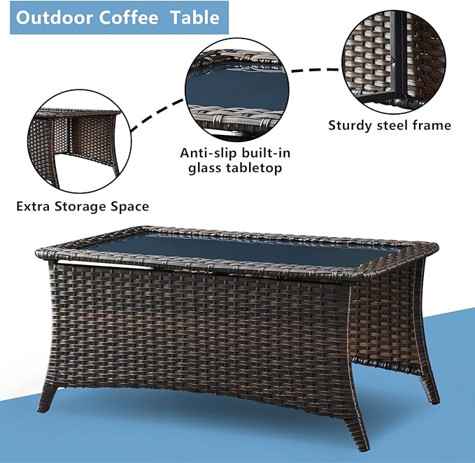 HUMMUH 6 Pieces Outdoor Patio Furniture Set Wicker Swivel Patio Chairs with Ottomans 2 Seater Outdoor Sectional Sofa/Patio Loveseat with Coffee Table