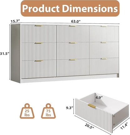 White Dresser for Bedroom, 9 Drawer Double Dresser, Modern Chest of Drawers for Bedroom, Living Room, Entryway and Closet, 63" L x 15.7" D x 31.5" H