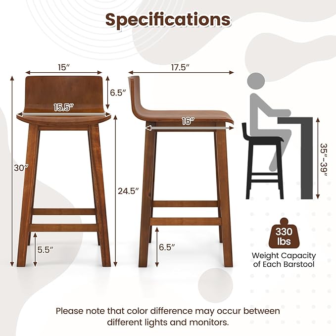 COSTWAY Solid Wood Bar Stools Set of 4, 24.5-inch Counter Height Chairs with Low Back and Footrest, Farmhouse Wooden Armless barstools for Kitchen Island, Dining Room, Cafe, Breakfast, Brown