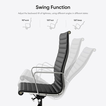 Ribbed Office Chair with Top Grain Leather - High Back Ergonomic Desk Chair with Aluminum Arms & Frame, Swivel Wheels & Tilt Function, Adjustable Height