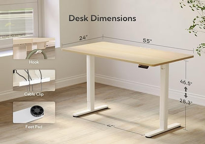 Claiks Electric Standing Desk, Adjustable Height Stand up Desk, 55x24 Inches Sit Stand Home Office Desk with Splice Board, White Frame/Nature Top