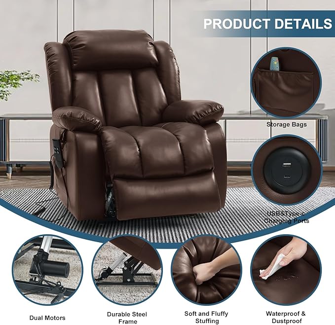 Dual Motor Large Power Lift Recliner Chair for Elderly with Heat and Massage,Lay Flat Lift Chairs Recliners for Seniors Infinite Position,USB Ports&Remote, Leather (Ochre) (Brown, Medium)