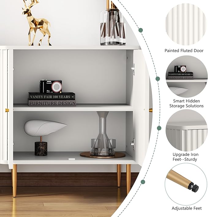 HLR Sideboard Buffet Cabinet with Fluted Texture, White Accent Cabinet with 2 Doors, Modern Credenza Storage for Kitchen Living Room, Entryway (White, 1Piece)
