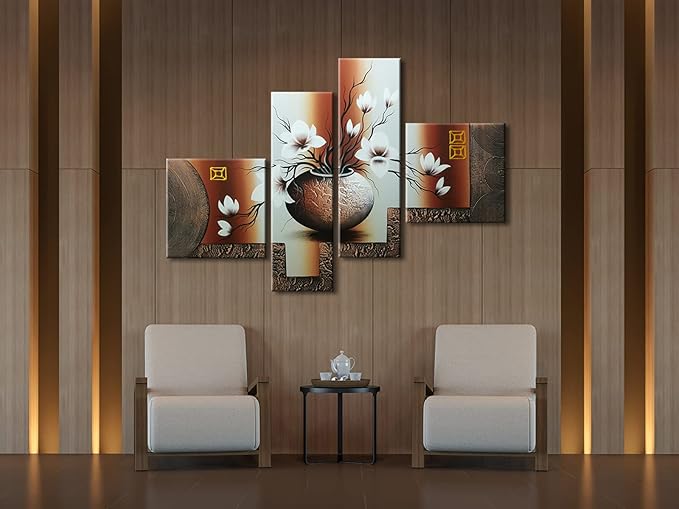 Wieco Art Huge Size Artwork 4 Panels 100% Hand-painted Modern Canvas Wall Art Elegant Flowers Paintings for Wall Decor Floral Oil Paintings on Canvas Art
