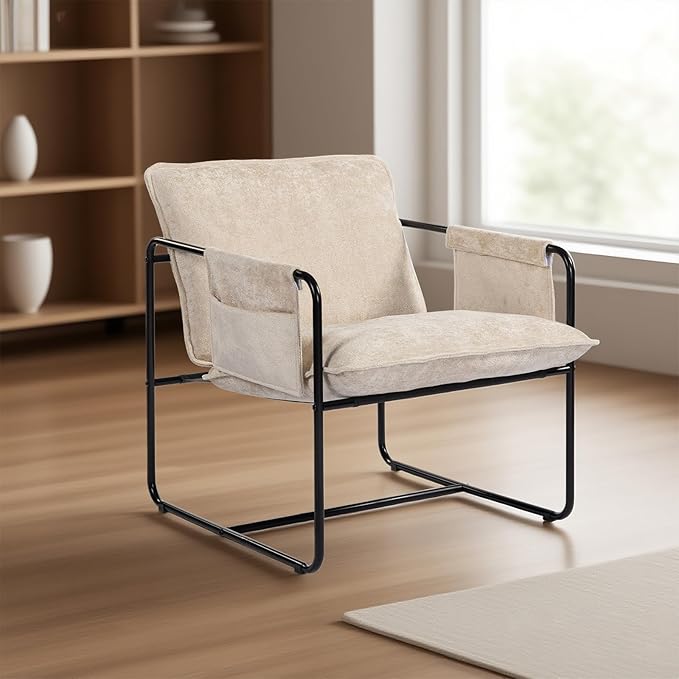 Modern Accent Chair Set of 2 Comfortable Living Room Chairs with Armrests, Bedroom Reading Chair, Chenille Upholstered Lounge Metal Chair