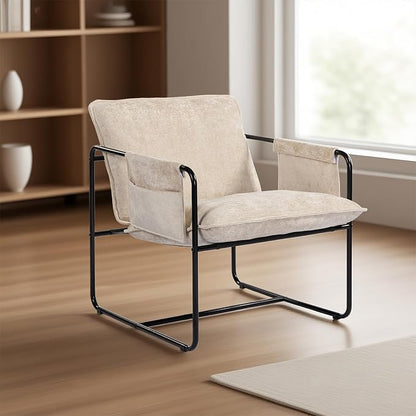 Modern Accent Chair Comfortable Living Room Chairs with Armrests, Bedroom Reading Chair, Chenille Upholstered Lounge Metal Chair