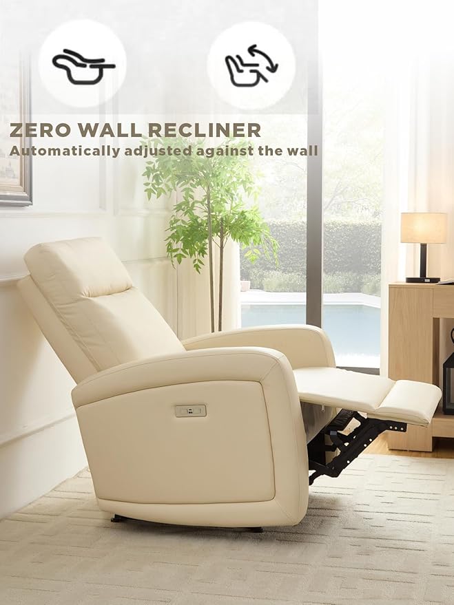 Leather Recliner Chair,Power Recliner Chair with Power Headrest Type-C Charger for Adult, Electric Recliner Sofa for Living Room & RV, White