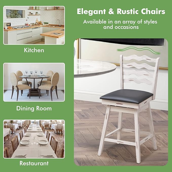 COSTWAY Bar Stools Set of 2, 25” 360° Swivel Counter Height Chairs with Rubber Wood Frame, Cushioned Seat, Ergonomic Backrest & Footrest, Wooden Upholstered Barstools for Kitchen Island (2, 25”)