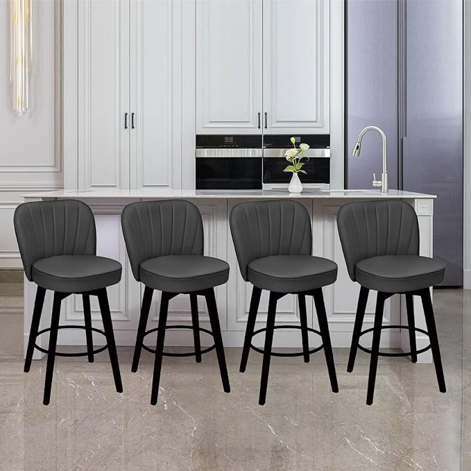 MINCETA Bar Stools Set of 4, PU Leather Barstools, 26 Inch Upholstered Counter Stools with Backrest and Footrest, Swivel Counter Height Barstools for Kitchen Island Home Bar Dark Gray