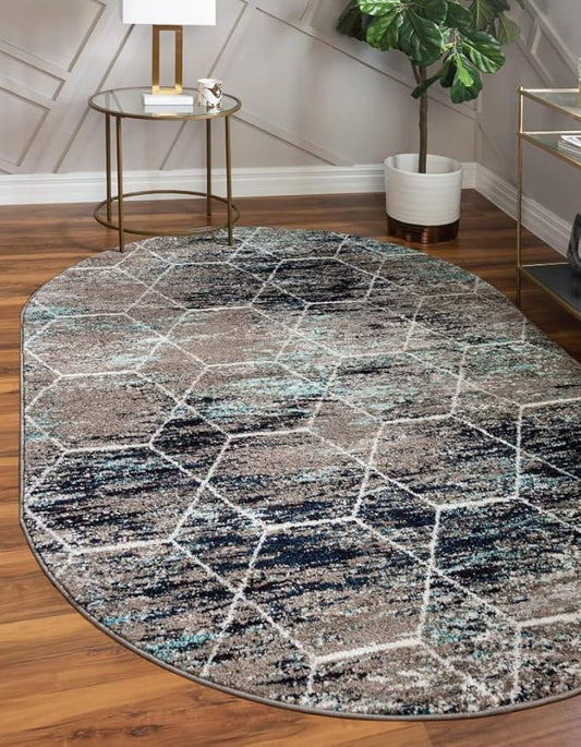 Unique Loom Trellis Frieze Collection Area Rug - Geometric (7' 10" x 10' Oval, Blue Multi/ Ivory)