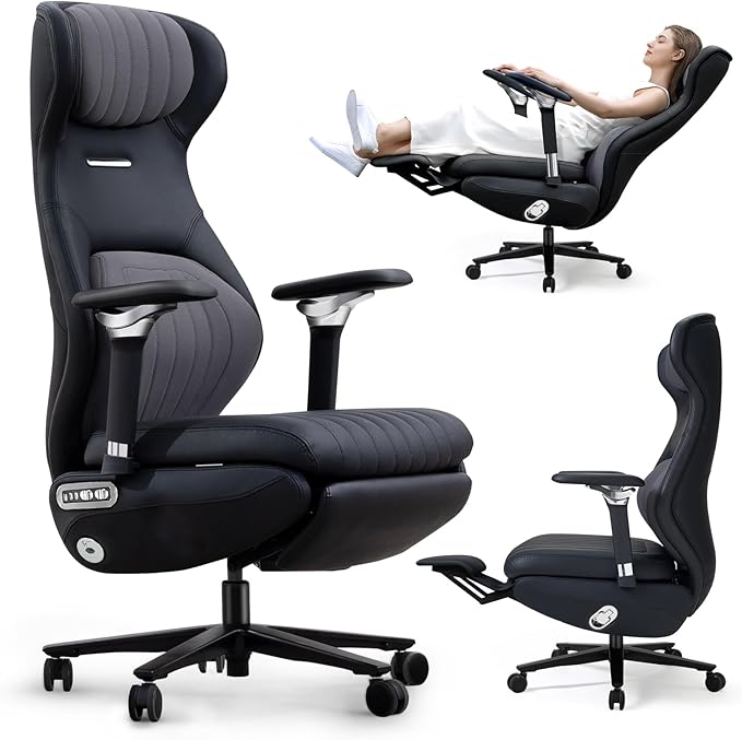 EMIAH Ergonomic Office Chair with Foot Rest Electric Reclining Office Chair with Adjustable Headrest, 8D Coordinated Armrests High Back Computer Desk Chair with Lumbar Support, Genuine Leather(Black)