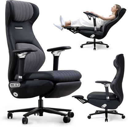 EMIAH Ergonomic Office Chair with Foot Rest Electric Reclining Office Chair with Adjustable Headrest, 8D Coordinated Armrests High Back Computer Desk Chair with Lumbar Support, Genuine Leather(Black)