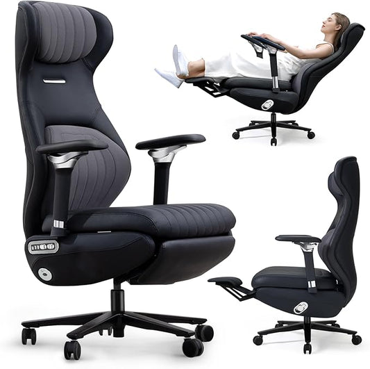 EMIAH Ergonomic Office Chair with Foot Rest Electric Reclining Office Chair with Adjustable Headrest, 8D Coordinated Armrests High Back Computer Desk Chair with Lumbar Support, Genuine Leather(Black)