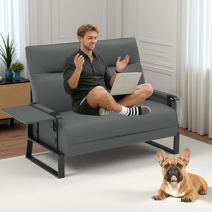 Faux Leather Loveseat, Upholstered Loveseat with Side Tray Table & Storage Pocket, Small Loveseat for Living Room, Modern 2 Seater Sofa Couch for Small Spaces, Bedroom, Gray