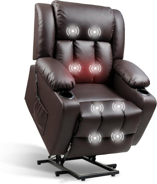FLEXISPOT XL31 Power Lift Recliner Chair for Elderly, Electric Lift Chair with Massage & Heat, PU Leather Reclining Sofa w/Cup Holders, Side Pockets for Living Room Bedroom(Medium Size,Brown)