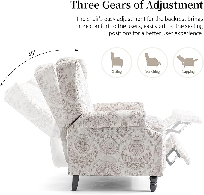 Pushback Recliner Chair, Floral Fabric Wingback Recliner Chair, Upholstered Armchair Push Back Recliner, Rivet Trim Single Sofa Accent Chair with Wood Legs for Living Room, Beige