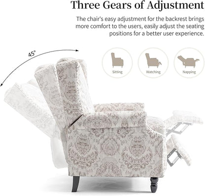 Pushback Recliner Chair, Floral Fabric Wingback Recliner Chair, Upholstered Armchair Push Back Recliner, Rivet Trim Single Sofa Accent Chair with Wood Legs for Living Room, Beige