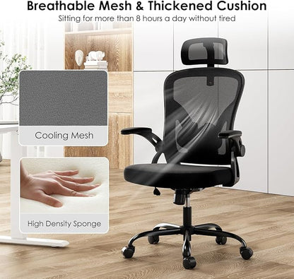 Farini Ergonomic Office Chair, Home Office Desk Chair with Headrest, High Back Computer Chair with Armrests and Adjustable Lumbar Support for Home Office Study Room, Black & Dark Black
