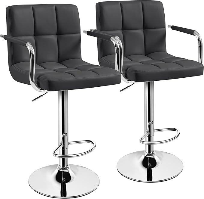 Yaheetech Bar Stools Set of 2, Adjustable PU Leather Swivel Barstools, Modern Counter Stools with Back and Footrest, Counter Height Barstools for Bar, Kitchen, Dining Room, Grey