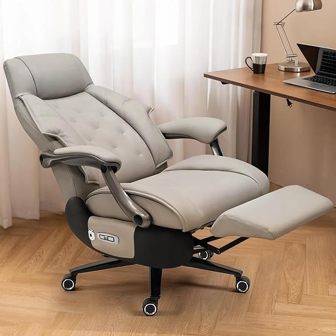Kinnls Magnus Massage Office Chair with Ventilation and Heating,Leather Power Recliner Chair with Footrest,Big and Tall Ergonomic Comfy Home Office Desk Chairs High Back 500lbs (Light Gray)