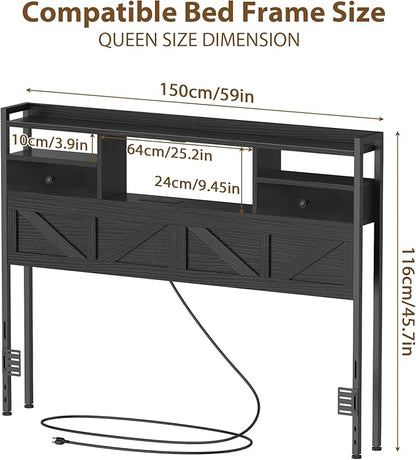 Queen Size Headboard with Drawers, Outlets & USB Ports,Sturdy Wood Bed Frame with Adjustable Height, Built-in LED Lighting (Black, Queen 59 * 7.08 * 45.7)