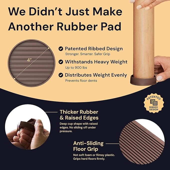 CasterMaster Non Slip Rubber Furniture Cups for Hardwood Floors - 4x4 Brown Round Caster Pads - Heavy Furniture Leg Cups - Set of 4