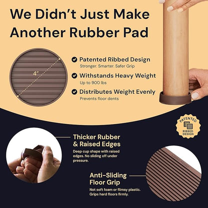 CasterMaster Non Slip Rubber Furniture Cups for Hardwood Floors - 4x4 Brown Round Caster Pads - Heavy Furniture Leg Cups - Set of 4