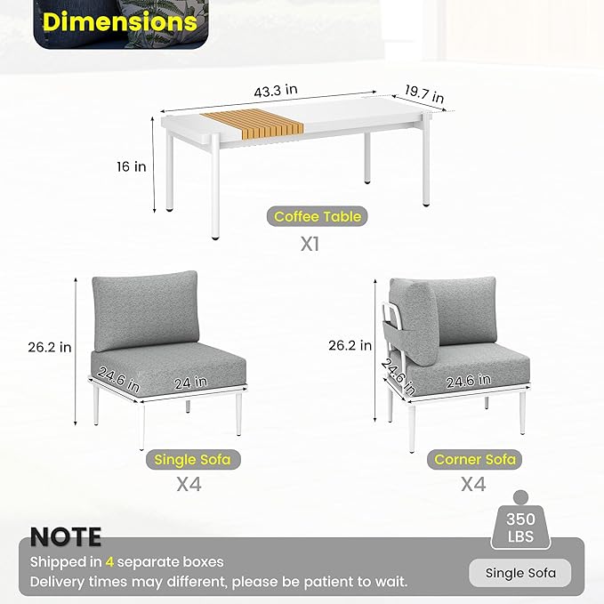 Sundale Outdoor 9 Pieces Patio Furniture Set, U-Shaped Outdoor Sectional Sofa with 6" Olefin Cushion and Coffee Table, Modern Metal Outdoor Conversation Sets (8 Seats,White Frame)