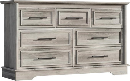 LGHM 7 Drawers Dresser for Bedroom, 54" Wide Chest of Drawers with Smooth Gliding Drawers, Gray Wood Dresser, Sturdy Storage Dressers Organizer with Metal Handles for Home Office, Farmhouse, Nursery