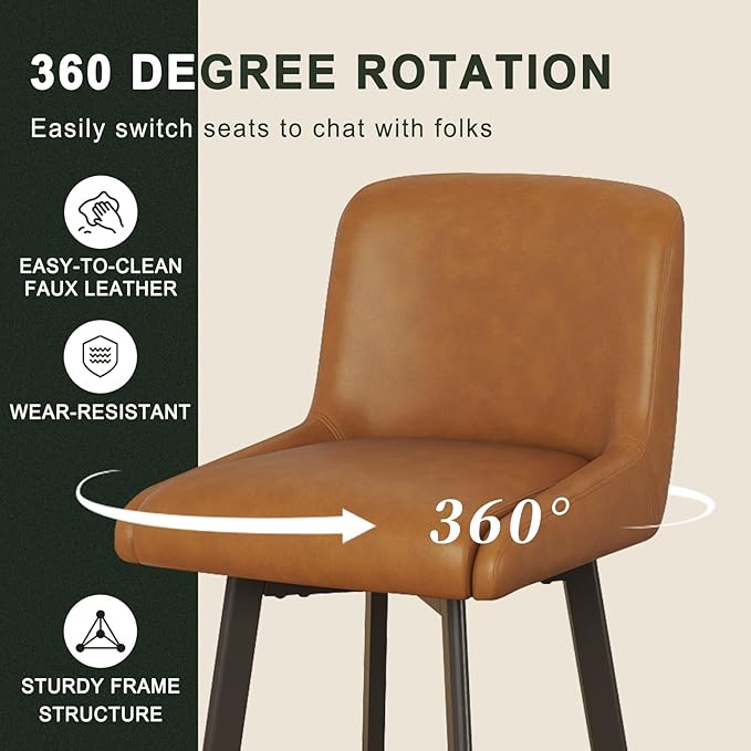 Swivel Counter Height Bar Stools Set of 3, 26''H Upholstered Barstools with Backs, Modern Bar Stool Chairs for Kitchen Island, Metal Legs, Faux Leather, Whiskey Brown Stools Counter Chair