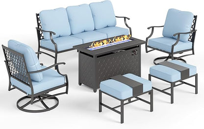 Patio Furniture Set, 6 Pcs Metal Outdoor Conversation Set, 2 Swivel Chairs, 2 Ottomans and 3 Seater Sofa with 5.75" Extra Thick Cushion and Gas Fire Pit Table, Blue