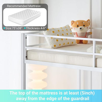 Karl home Twin Metal Loft Bed with Desk, with Power Outlet and LED Lighted, Safety Guardrail & Ladder, Space Saving, No Noise, No Box Spring Needed, White