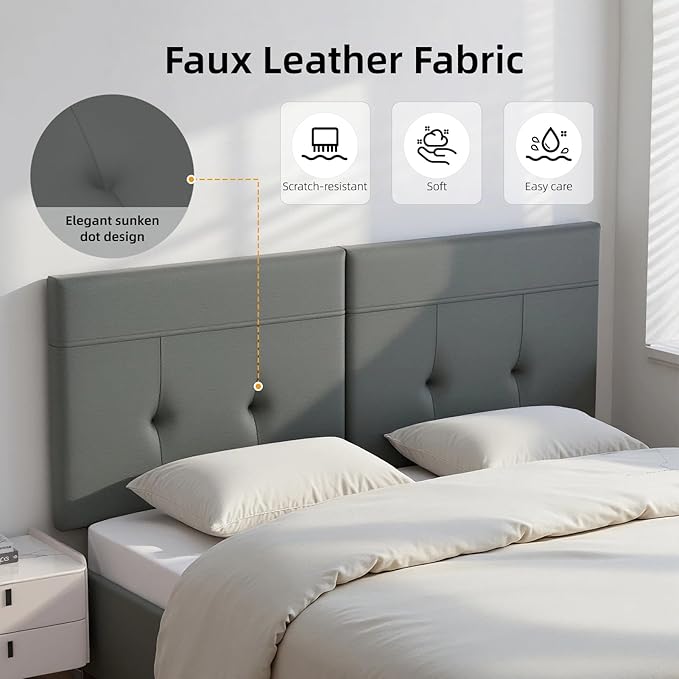 Queen Headboard Only with Adjustable Metal Legs, Faux Leather Upholstered Headboard Queen Size, Modern Stylish Headboard with Sunken Dot Design, Sturdy Bed Headboard for Bedroom, Gray