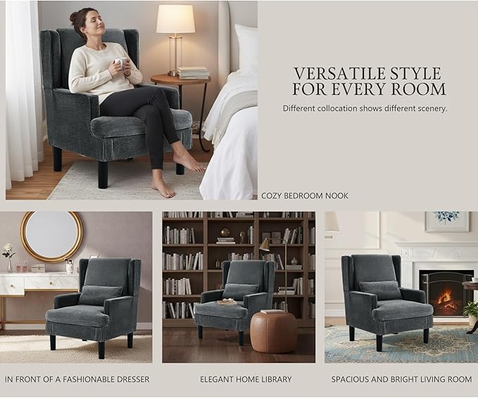 Accent Chair for Living Room Chairs Upholstered Oversized Reading Chair Armchair Accent Chairs Set of 2 Living Room Chair with High Back and Wood Legs,Arm Chair Comfy Chair for Bedroom(Dark Grey)