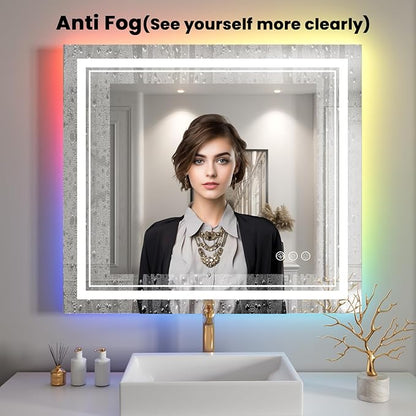 44x32 inch LED Bathroom Mirror with RGB Lights, Color Changing Backlit Mirror, Shatterproof, Dimmable Anti-Fog, Lighted Vanity Mirror (RGB Multicolor Backlit + Adjustable Front-Lighted)