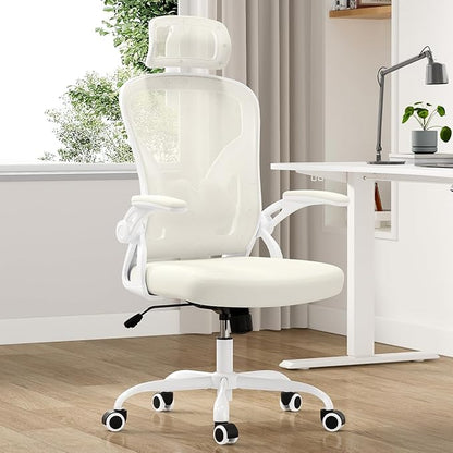 Farini Ergonomic Office Chair, Home Office Desk Chair with Headrest, High Back Computer Chair with Armrests and Adjustable Lumbar Support for Home Office Study Room, White & Beige