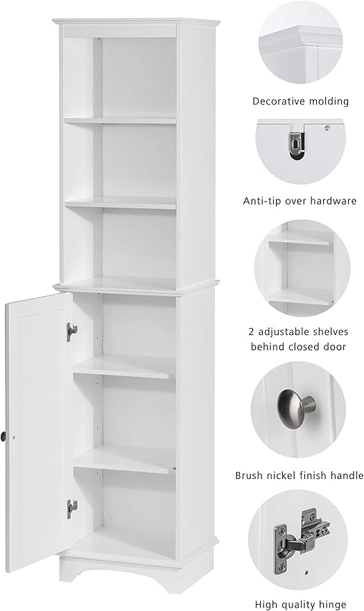 Spirich Home Freestanding Storage Cabinet with Three Tier Shelves, Tall Slim Cabinet, Free Standing Linen Tower, White