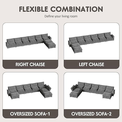 Homall 232" Modular Sectional Sofa, Oversized Sofa Couch with Reversible Ottoman, DIY Combination Chenille Deep 6-Seat Cloud Couch for Living Room, Apartment (Light Grey, Oversized Sofa)