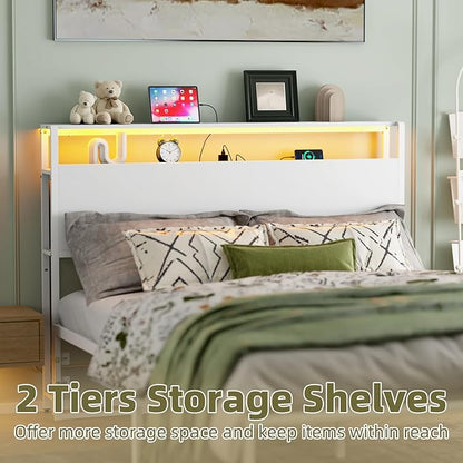Full Sized Headboard with 2 Tiers Storage Shelves, Sturdy and Stable Headboard with Charging Station, USB Ports and LED Light for Full Bed Frame, White