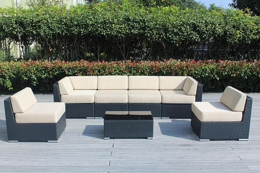 Outdoor Patio Furniture with 6-inch Thick Rainshield Cushions, No-Assembly 7-Piece All-Weather Wicker Sectional Set (Supercrylic Beige)